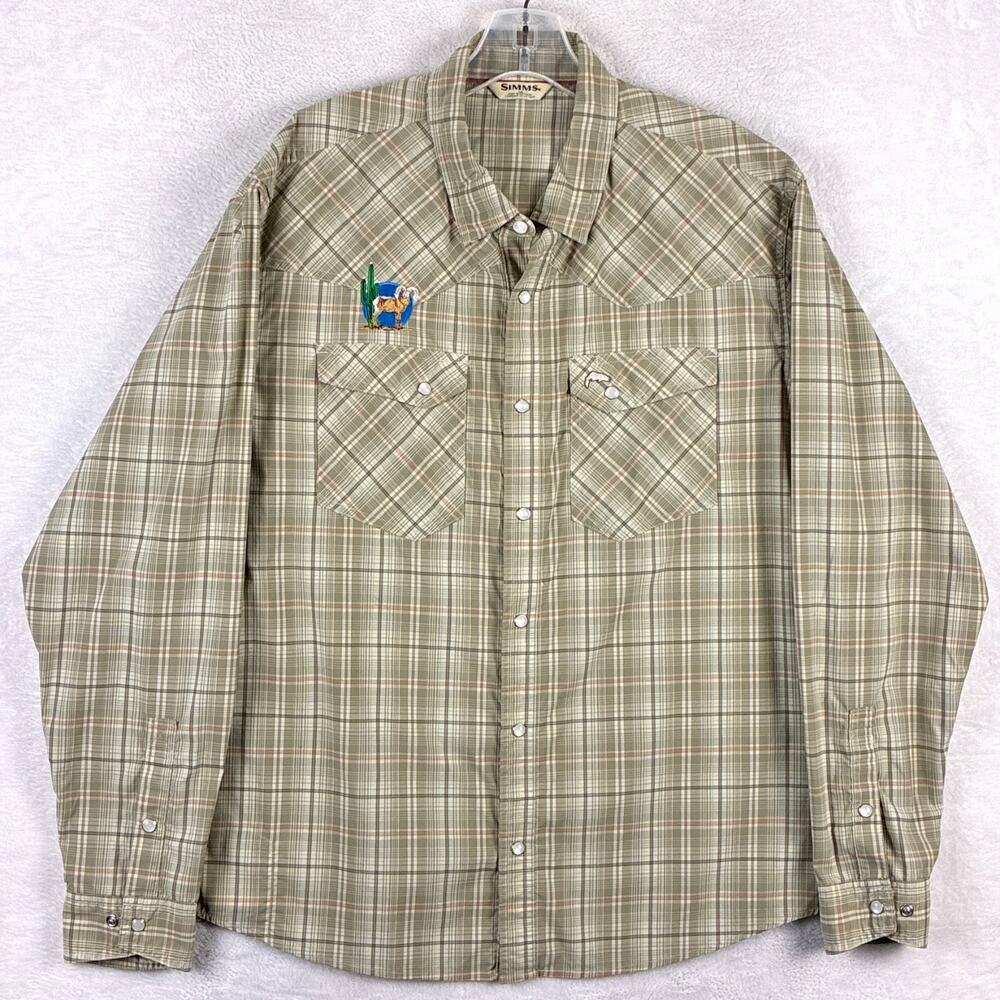 Simms Shirt Mens L Brown Plaid Embroidered Big Horn Nylon Pearl Snap Fishing